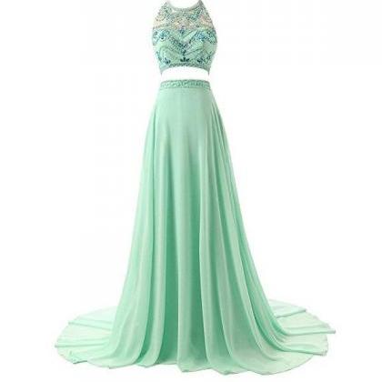 A-Line/Elegant Scoop Sleeveless Beading Chiffon Two Piece Prom Dresses