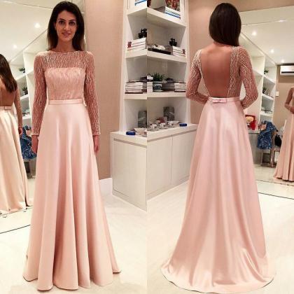 A Line Bateau Long Sleeves Open Back Beadings Satin Prom Dress LBQ2863 main image 1
