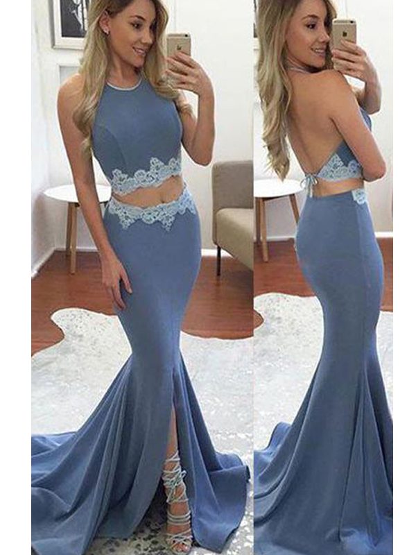 2017 Two Pieces Sexy Prom Dresses, Lace Prom Dresses, Backless Mermaid Prom Dresses